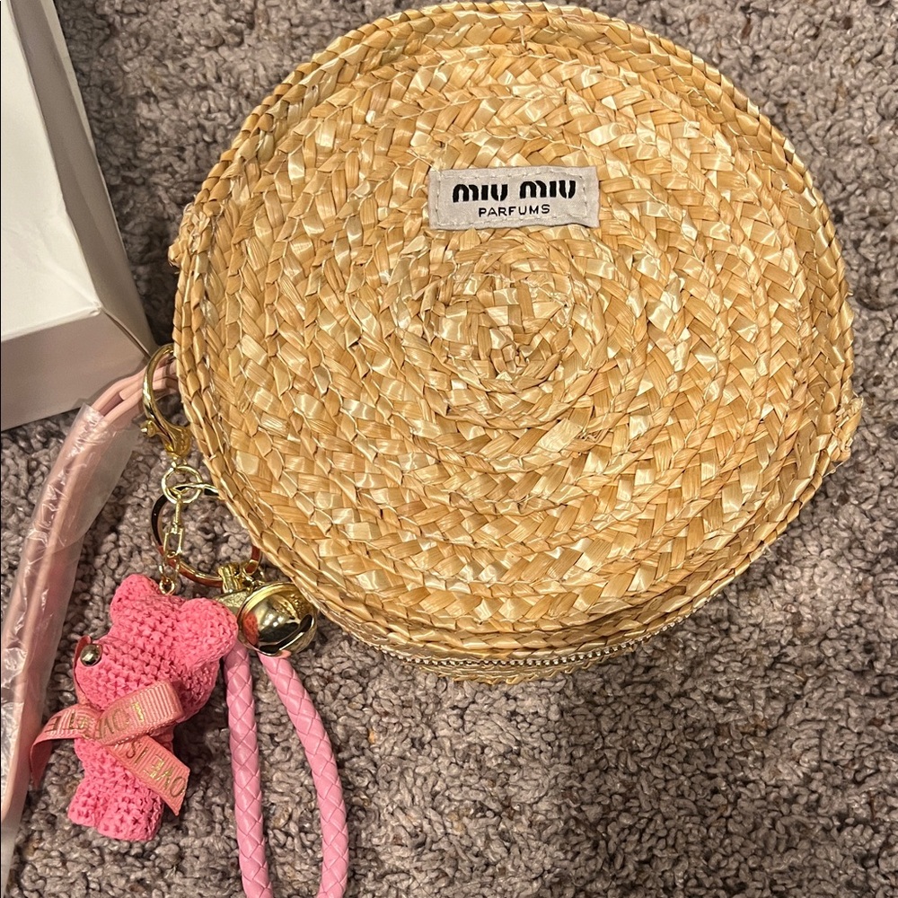 Miu Miu Straw Circle Bag with Pink Bear Charm - Picture 1 of 6